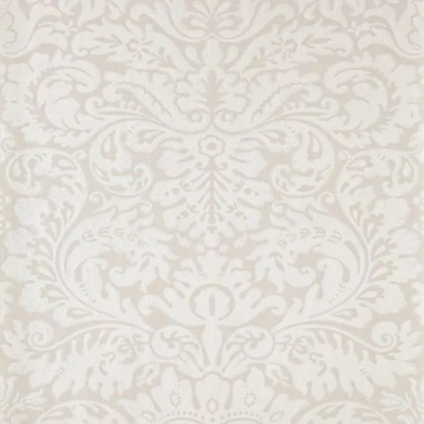 Closeup of a wallpaper showing its Damask, Neutrals pattern, color, and subtle texture.
