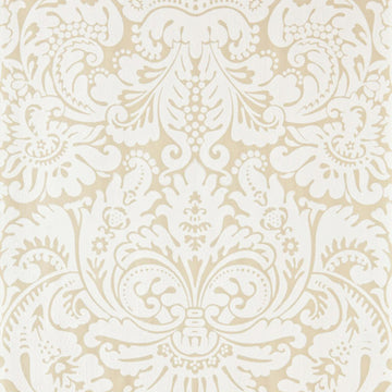 Closeup of a wallpaper showing its Damask, Neutrals, Two-tone pattern, color, and subtle texture.