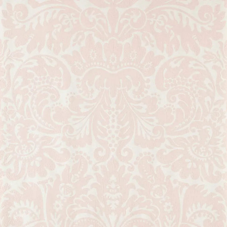 Closeup of a wallpaper showing its Damask, Pink, Two-tone pattern, color, and subtle texture.