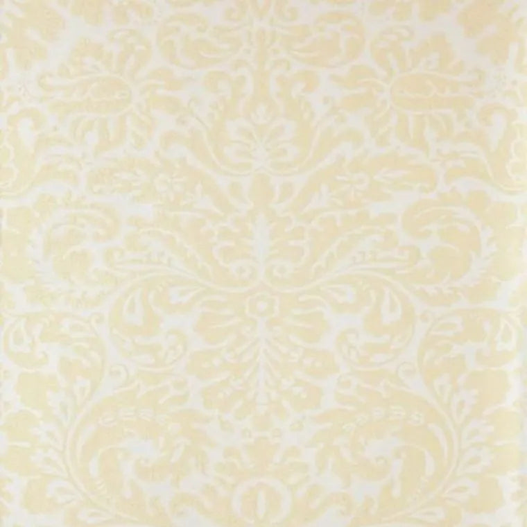 Closeup of a wallpaper showing its Damask, Neutrals, Two-tone, Yellow pattern, color, and subtle texture.