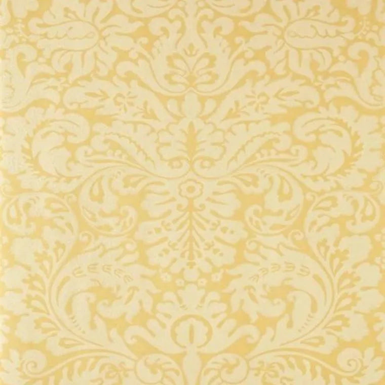 Closeup of a wallpaper showing its Damask, Gold, Yellow pattern, color, and subtle texture.