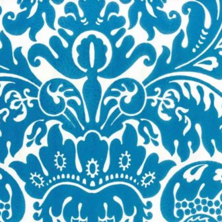 Closeup of a wallpaper showing its Blue, Damask, Two-tone pattern, color, and subtle texture.