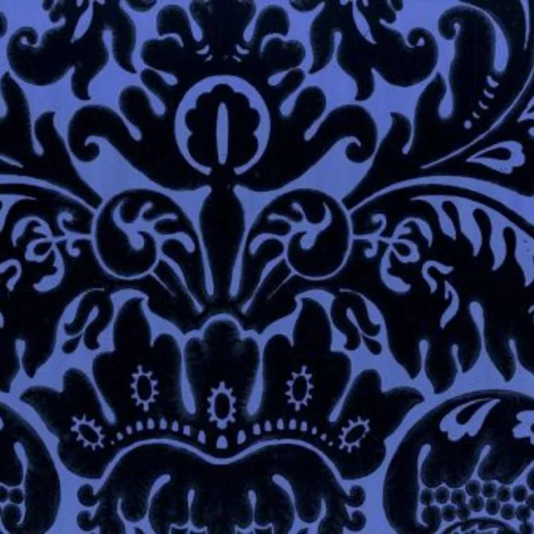 Closeup of a wallpaper showing its Black, Damask, Purple, Two-tone pattern, color, and subtle texture.