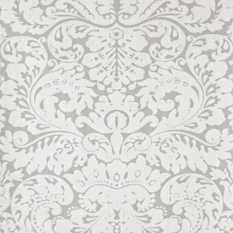 Closeup of a wallpaper showing its Damask, Monochrome, Two-tone pattern, color, and subtle texture.