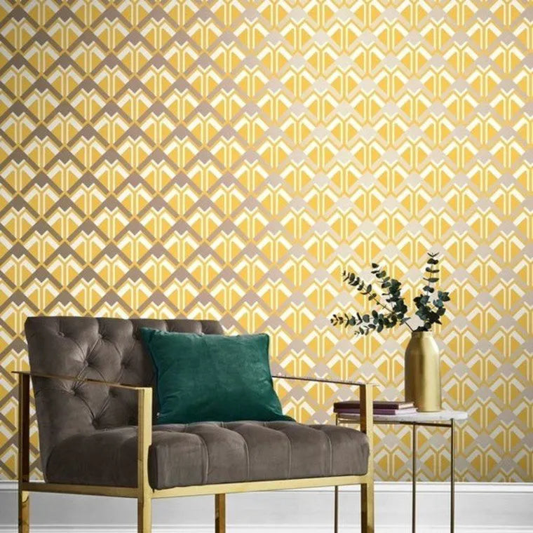 Closeup of a wallpaper showing its Art-Deco, Contemporary, Geometric, Metallic, Yellow pattern, color, and subtle texture.