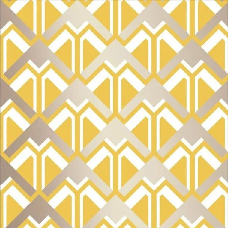 Closeup of a wallpaper showing its Art-Deco, Contemporary, Geometric, Metallic, Yellow pattern, color, and subtle texture.