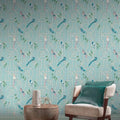 Wallpaper installed in a room showing its full pattern, color