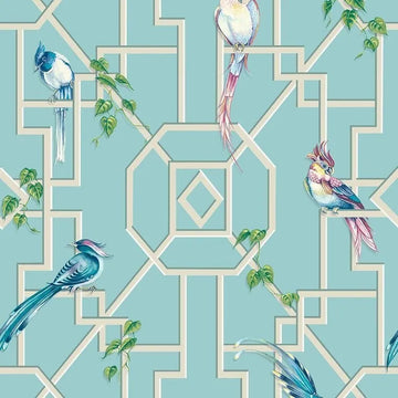 Closeup of a wallpaper showing its Art-Deco, Birds, Blue, Contemporary, Geometric pattern, color, and subtle texture.