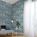 Wallpaper installed in a room showing its full pattern, color