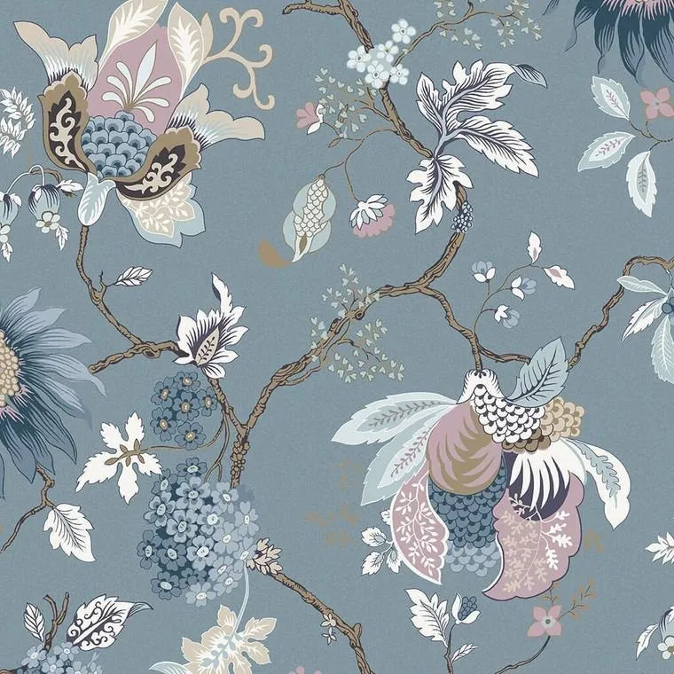 Closeup of a wallpaper showing its Blue, Floral, Nature pattern, color, and subtle texture.