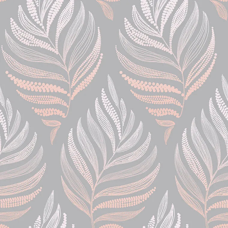 Closeup of a wallpaper showing its Contemporary, Floral, Nature, Pink, Taupe pattern, color, and subtle texture.