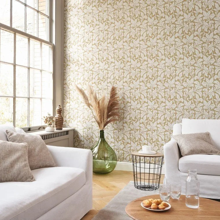 Wallpaper installed in a room showing its full pattern, color