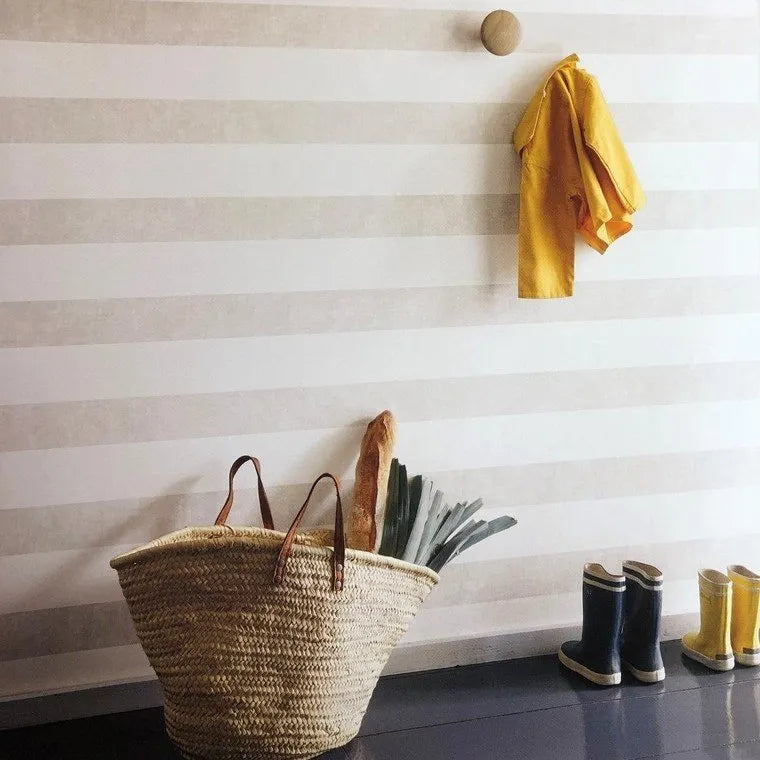 Closeup of a wallpaper showing its Neutrals, Stripes, Two-tone pattern, color, and subtle texture.