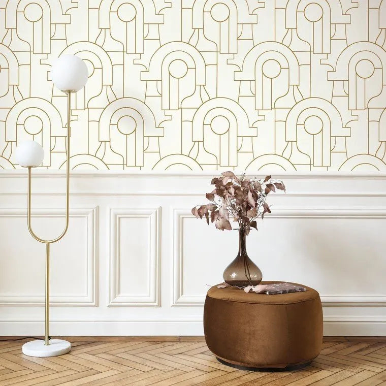 Closeup of a wallpaper showing its Art-Deco, Contemporary, Neutrals, Two-tone pattern, color, and subtle texture.