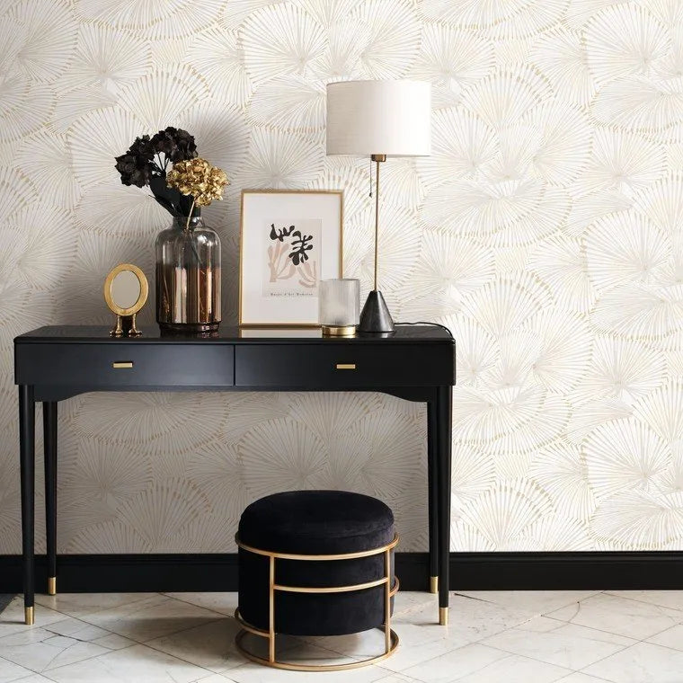 Closeup of a wallpaper showing its Contemporary, Floral, Neutrals, Two-tone pattern, color, and subtle texture.