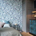 Wallpaper installed in a room showing its full pattern, color