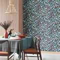 Wallpaper installed in a room showing its full pattern, color