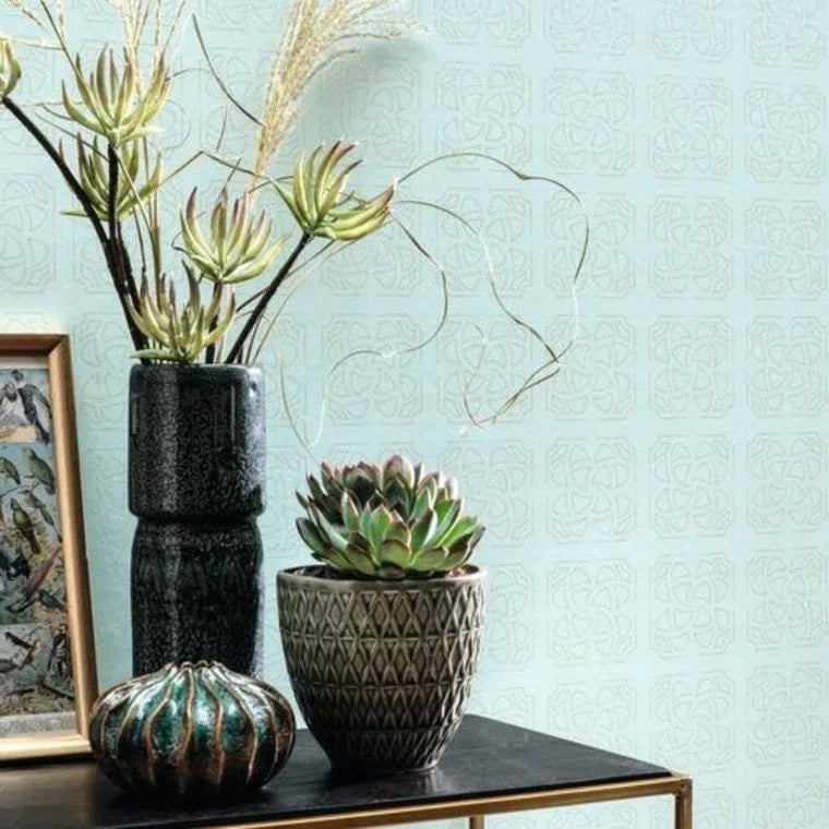 Wallpaper installed in a room showing its full pattern, color