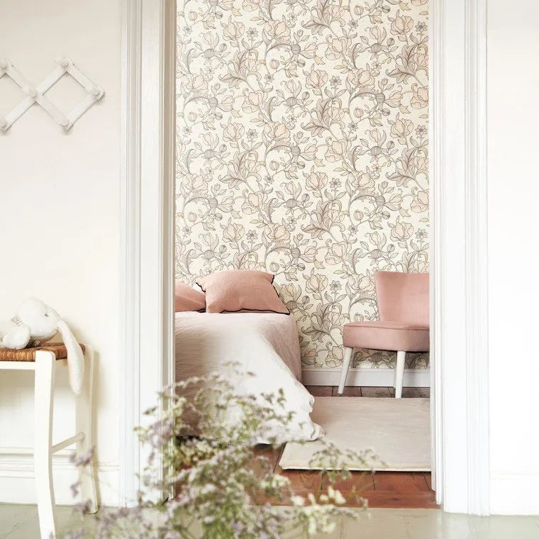 Closeup of a wallpaper showing its Contemporary, Floral, Nature, Pastels pattern, color, and subtle texture.