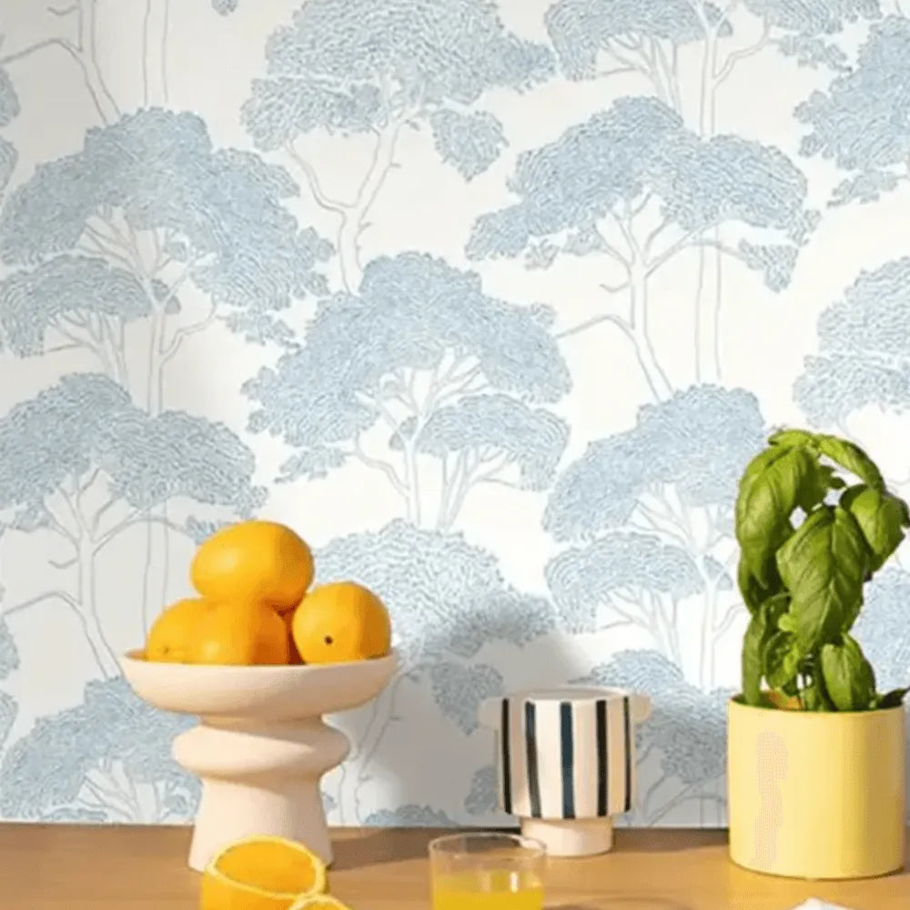 Wallpaper installed in a room showing its full pattern, color