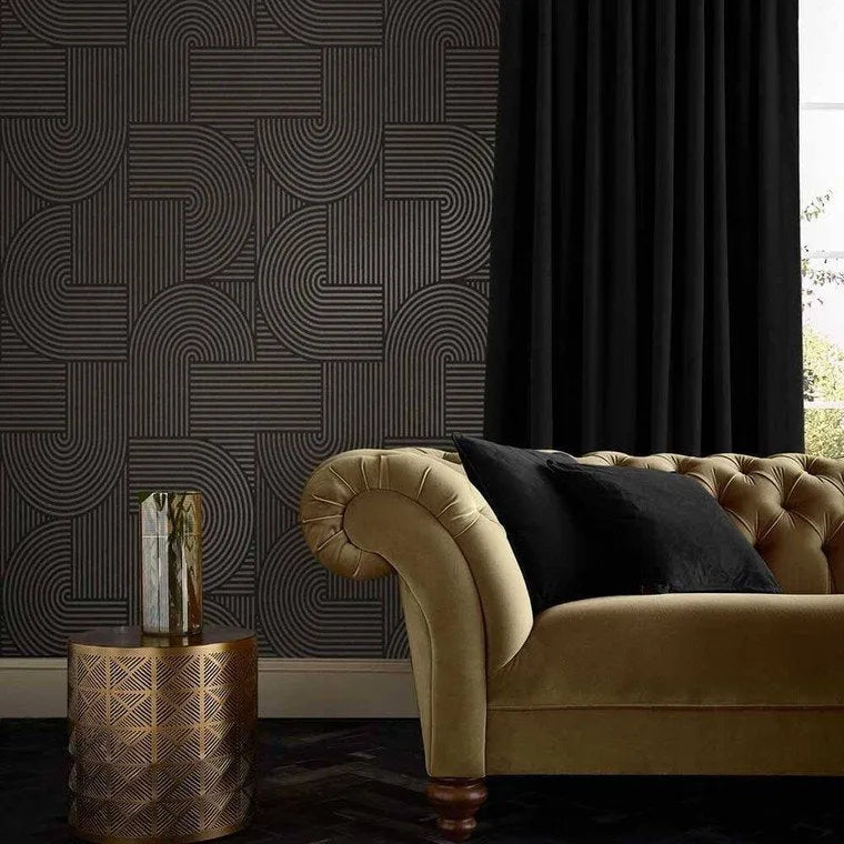 Closeup of a wallpaper showing its Art-Deco, Black, Contemporary, Monochrome pattern, color, and subtle texture.