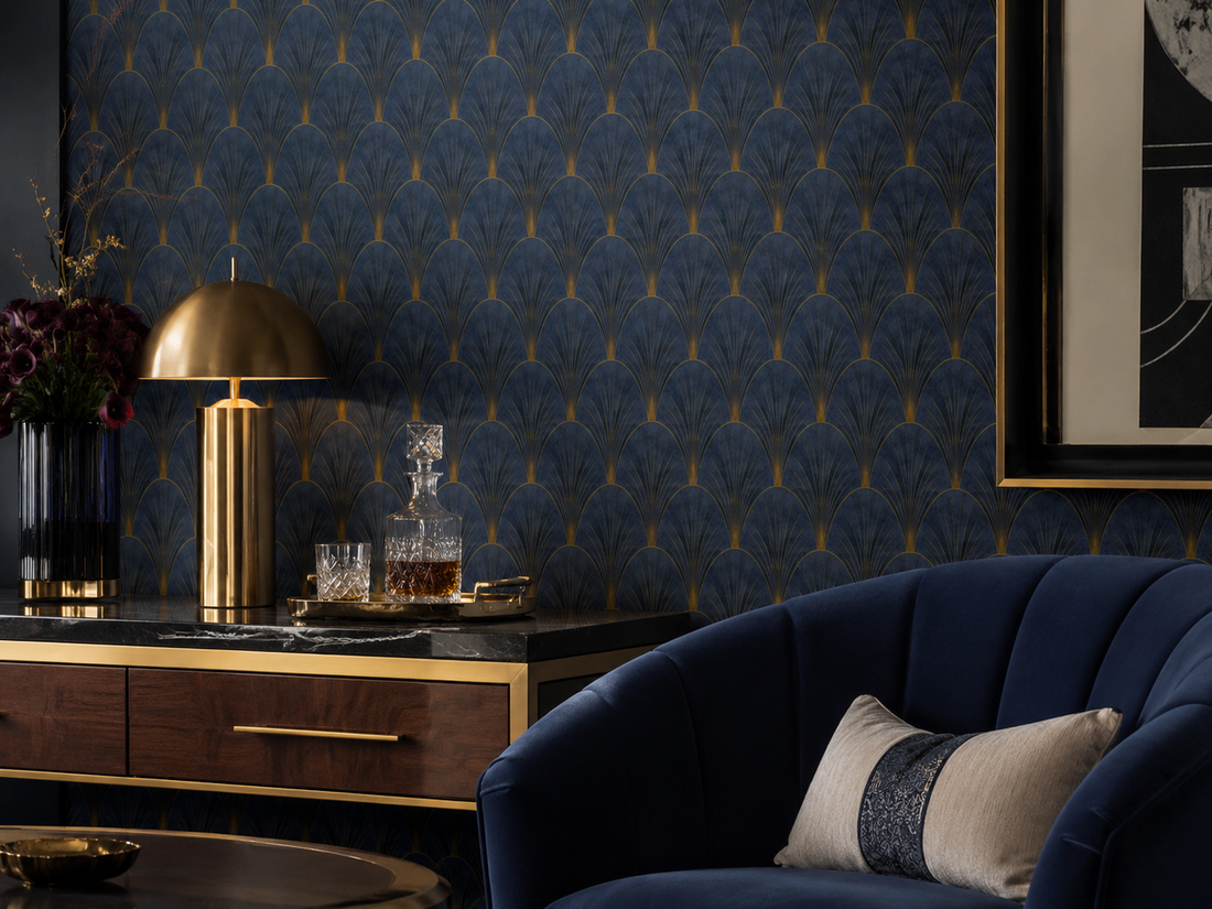 Erismann Elle Decoration Art Deco fan wallpaper in deep navy and gold tones