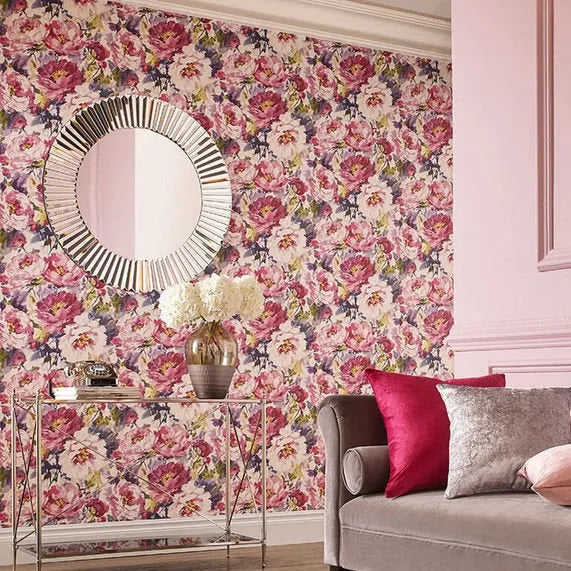 Closeup of a wallpaper showing its Floral, Multicolour, Pink, Purple pattern, color, and subtle texture.