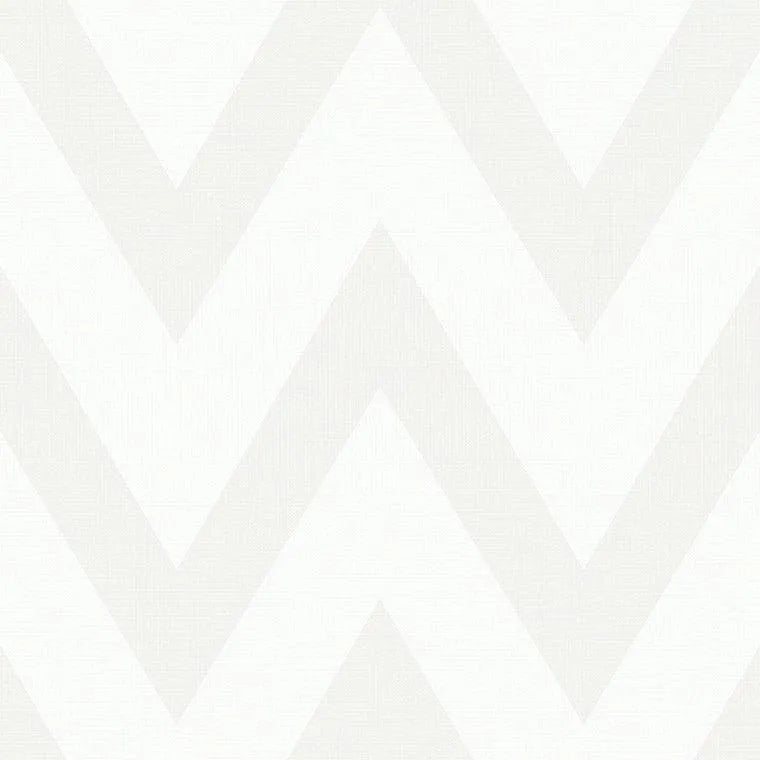 Closeup of a wallpaper showing its Chevron, Monochrome, Neutrals, Paperweave, Two-tone pattern, color, and subtle texture.