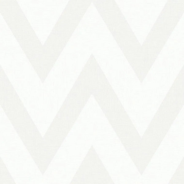 Closeup of a wallpaper showing its Chevron, Monochrome, Neutrals, Paperweave, Two-tone pattern, color, and subtle texture.