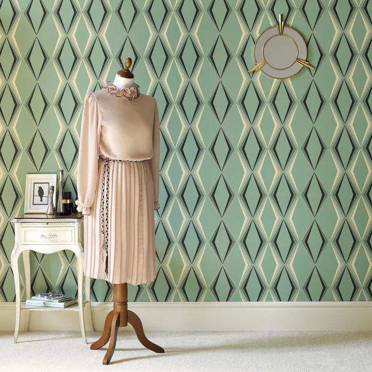 Closeup of a wallpaper showing its Contemporary, Geometric, Green pattern, color, and subtle texture.