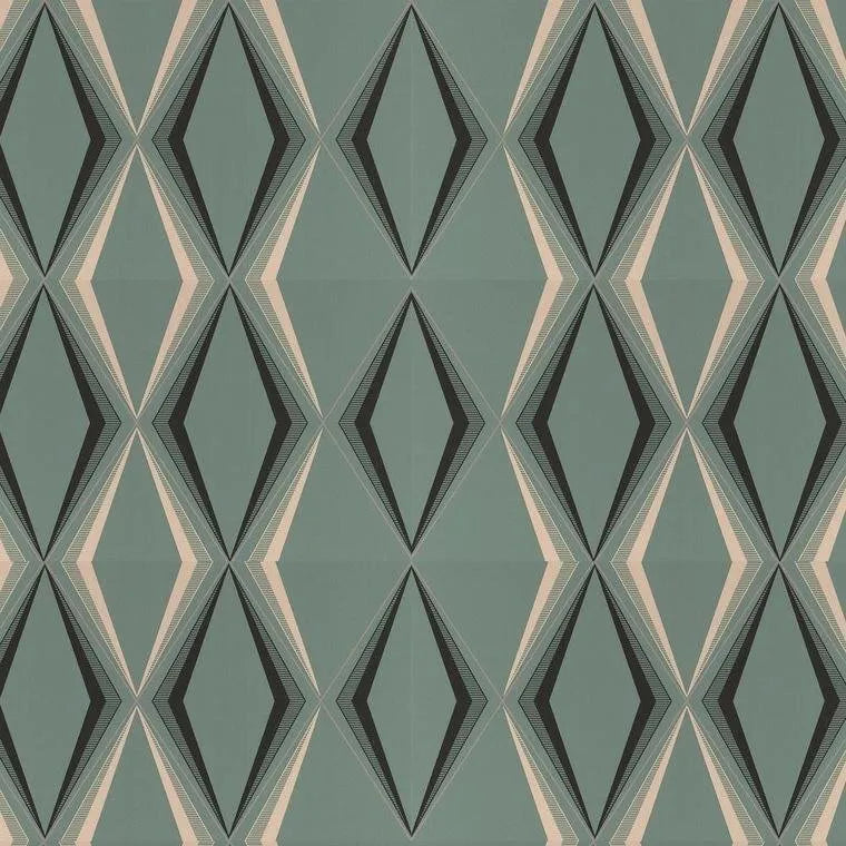 Closeup of a wallpaper showing its Contemporary, Geometric, Green pattern, color, and subtle texture.