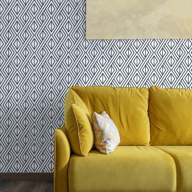 Closeup of a wallpaper showing its Blue, Contemporary, Geometric, Two-tone pattern, color, and subtle texture.