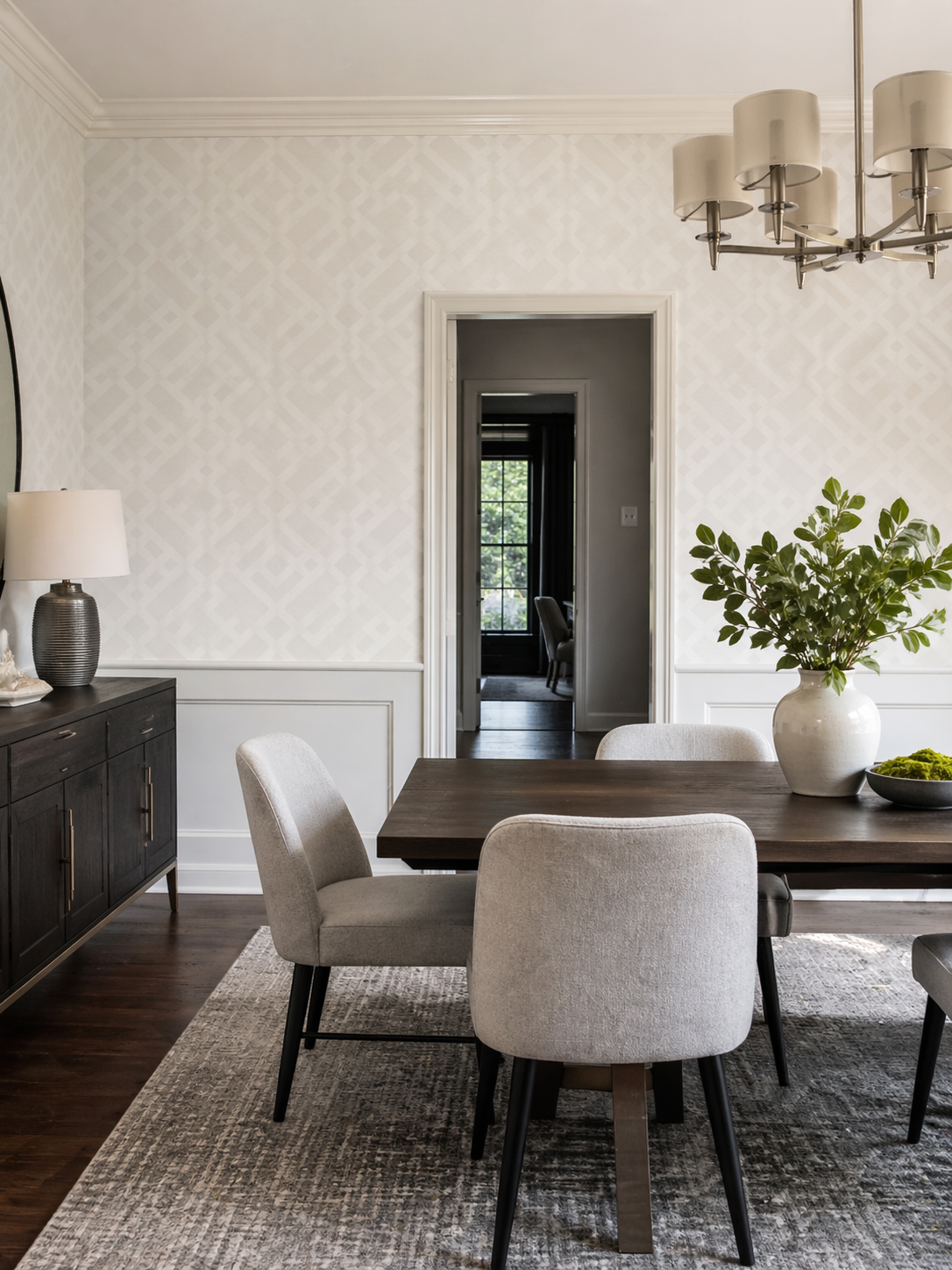 Closeup of a wallpaper showing its Art-Deco, Contemporary, Geometric, Monochrome pattern, color, and subtle texture.