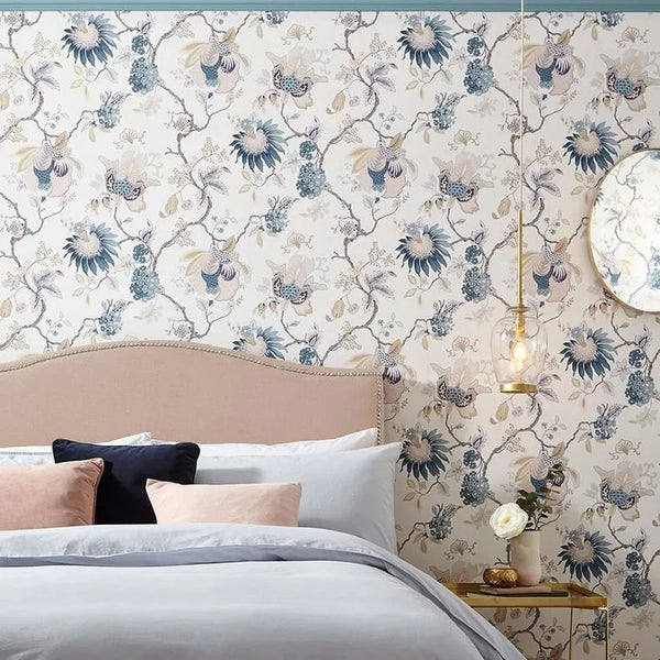 Wallpaper installed in a room showing its full pattern, color