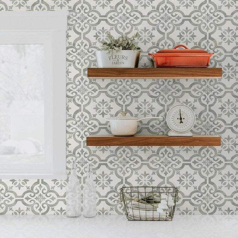 Closeup of a wallpaper showing its Art-Deco, Geometric, Monochrome, Tiles, Two-tone pattern, color, and subtle texture.