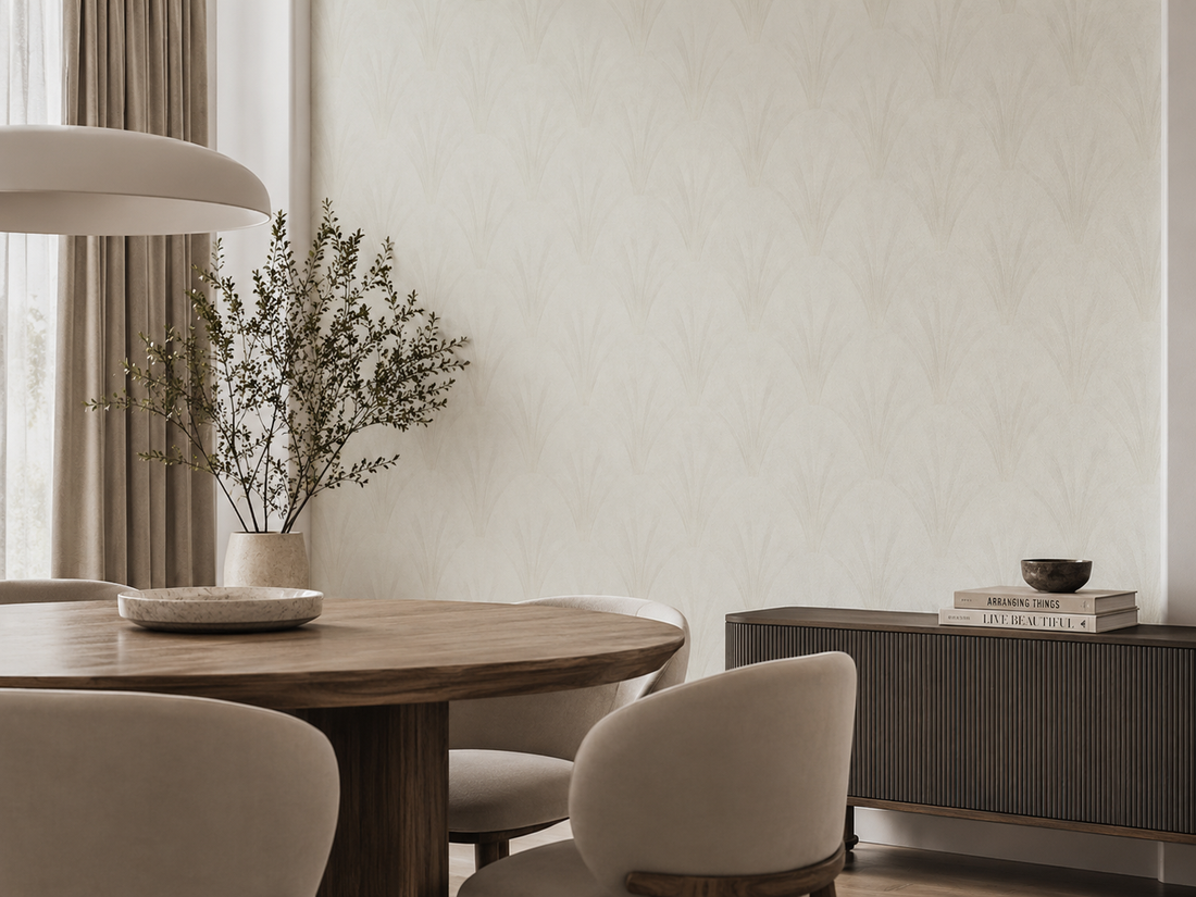 Erismann Elle Decoration light Art Deco fan wallpaper in soft white and beige tones