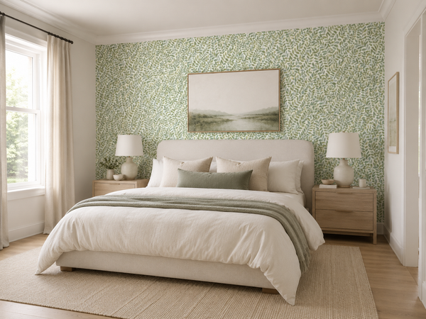Neatly made bed in a bedroom with light green floral wallpaper and wooden nightstands.