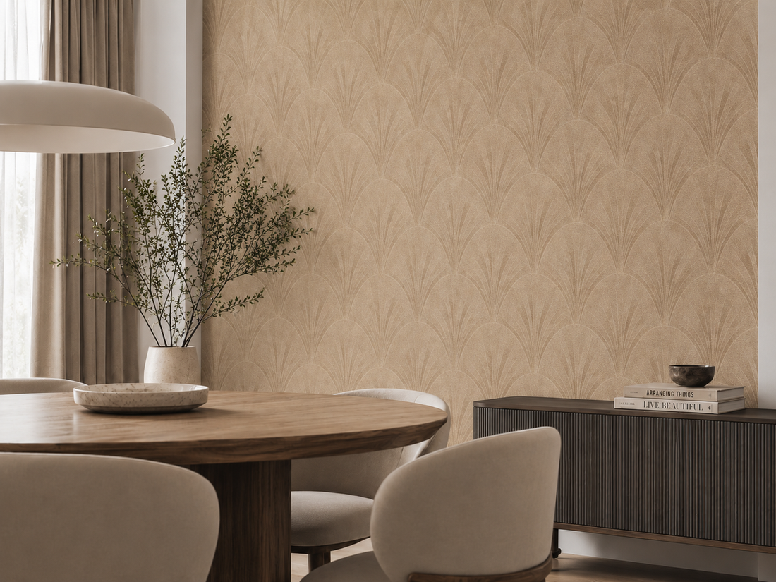 Erismann Elle Decoration subtle Art Deco fan wallpaper in warm beige and brown tones