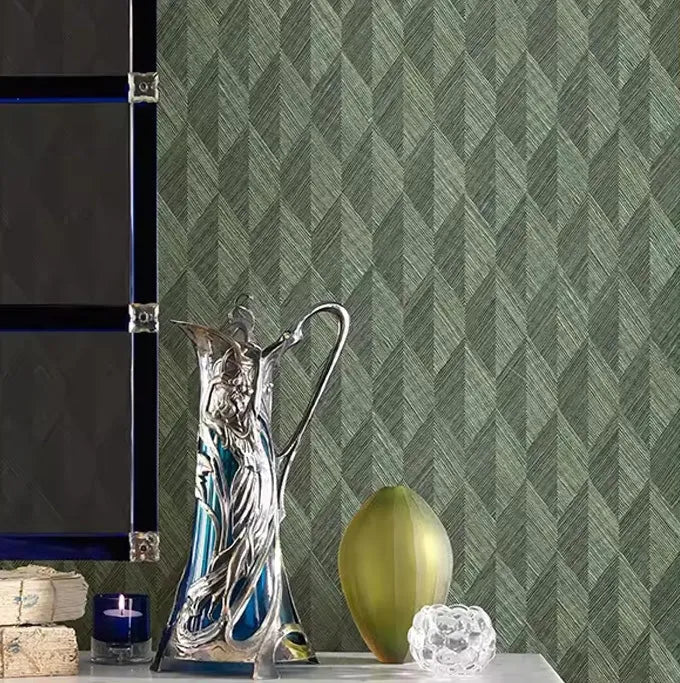 Closeup of a wallpaper showing its Geometric, Green, Sisal pattern, color, and subtle texture.