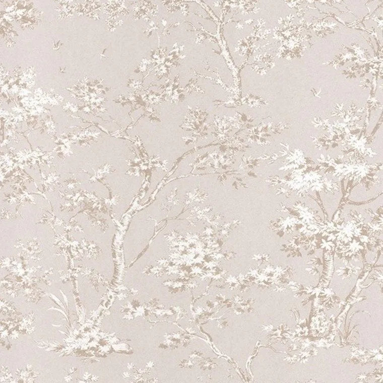 Closeup of a wallpaper showing its Floral, Neutrals, Two-tone pattern, color, and subtle texture.