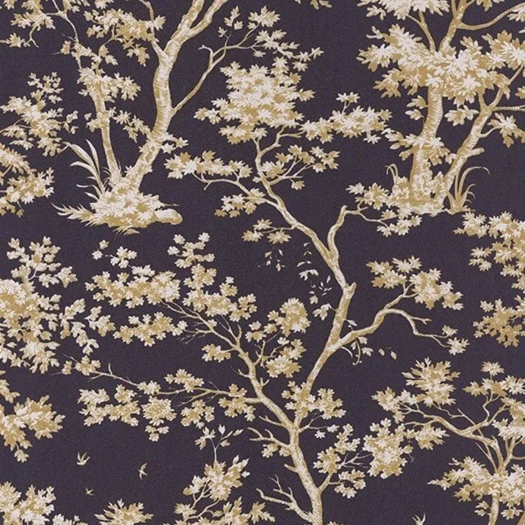 Closeup of a wallpaper showing its Dramatic, Floral, Two-tone pattern, color, and subtle texture.