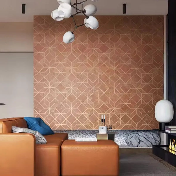 Wallpaper installed in a room showing its full pattern, color