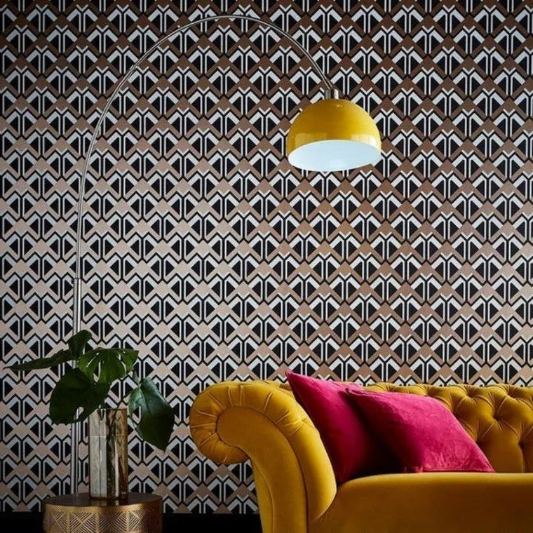 Closeup of a wallpaper showing its Art-Deco, Black, Contemporary, Geometric, Gold, Metallic pattern, color, and subtle texture.