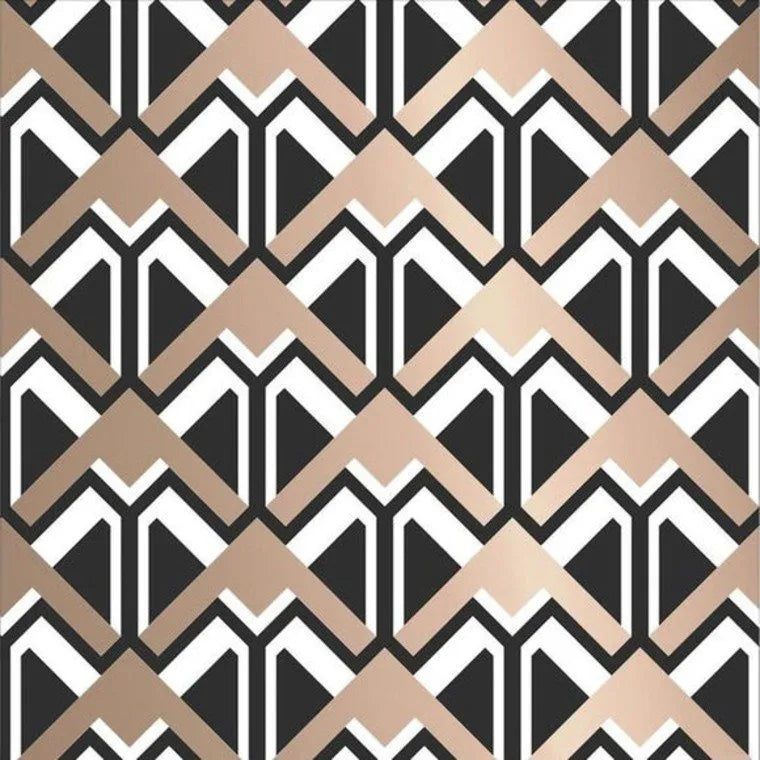 Closeup of a wallpaper showing its Art-Deco, Black, Contemporary, Geometric, Gold, Metallic pattern, color, and subtle texture.