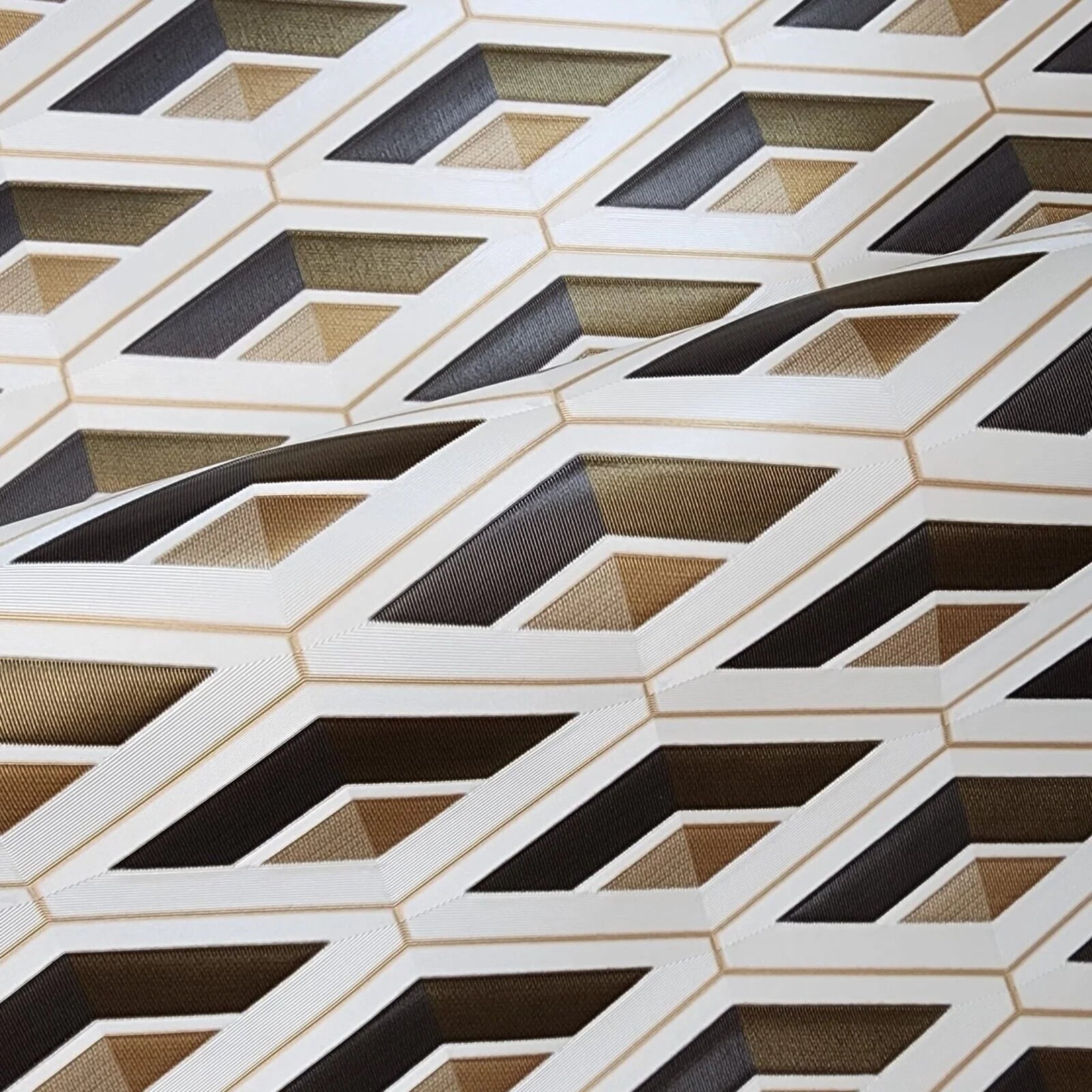Close-up of a geometric patterned wallpaper with brown, black, and beige colors.