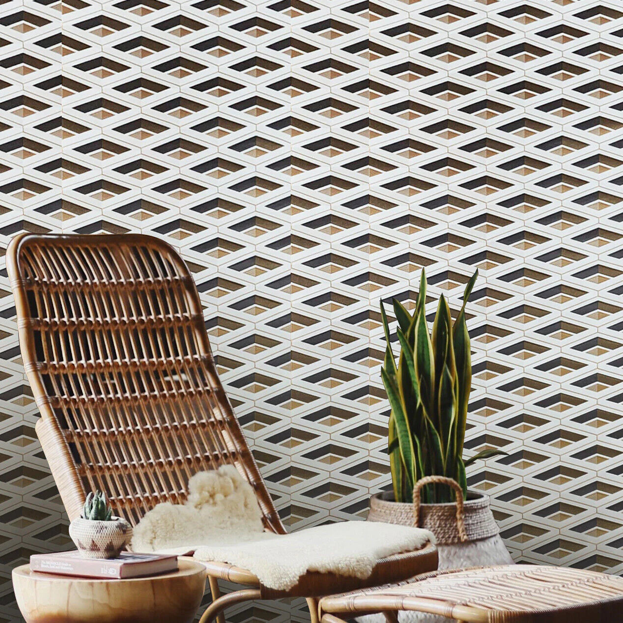 Wicker chair with ottoman and small table against a geometric patterned wall.