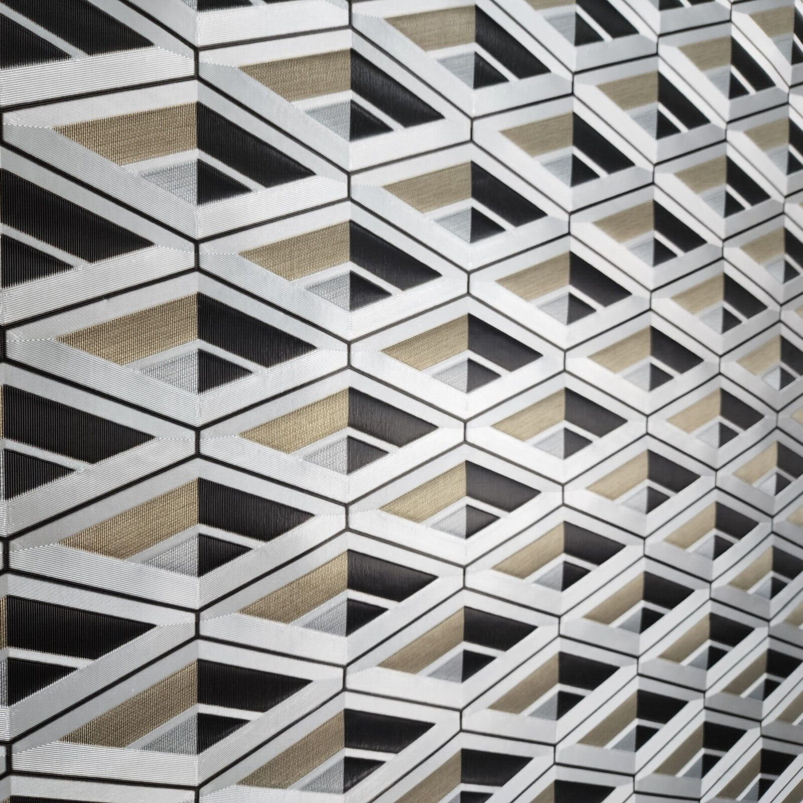 Geometric patterned wallpaper with black, white, and beige colors