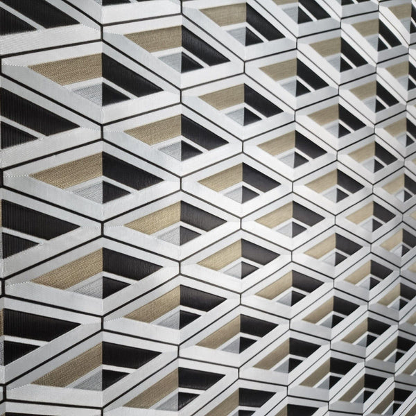 Geometric patterned wallpaper with black, white, and beige colors