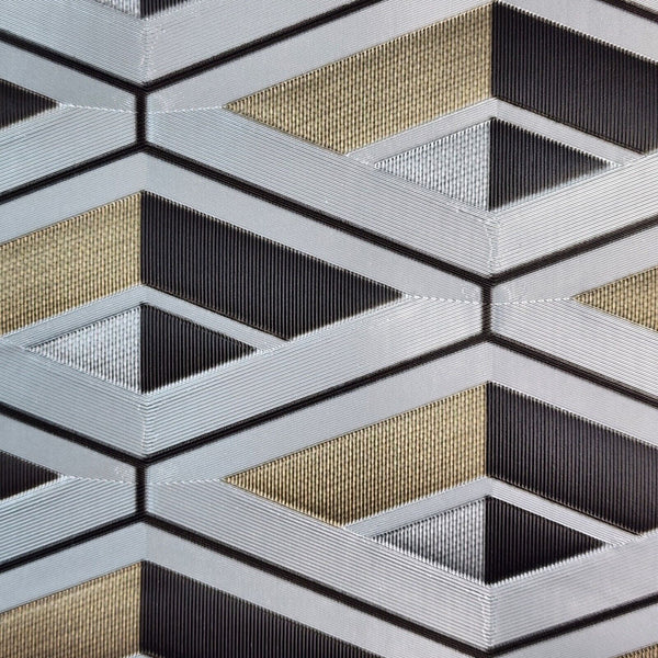Close-up of a geometric pattern wallpaper with black, gold, and gray colors.