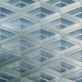 Geometric patterned wallpaper with diamond shapes in blue and gray tones.